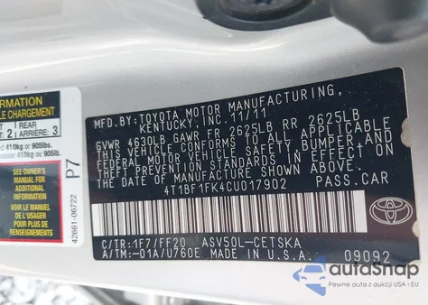 2012 Toyota Camry Se from USA, damaged, VIN 4T1BF1FK4CU017902